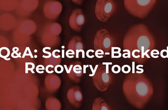 image of red light therapy with text over top that says 'Q&A: science-backed recovery tools'